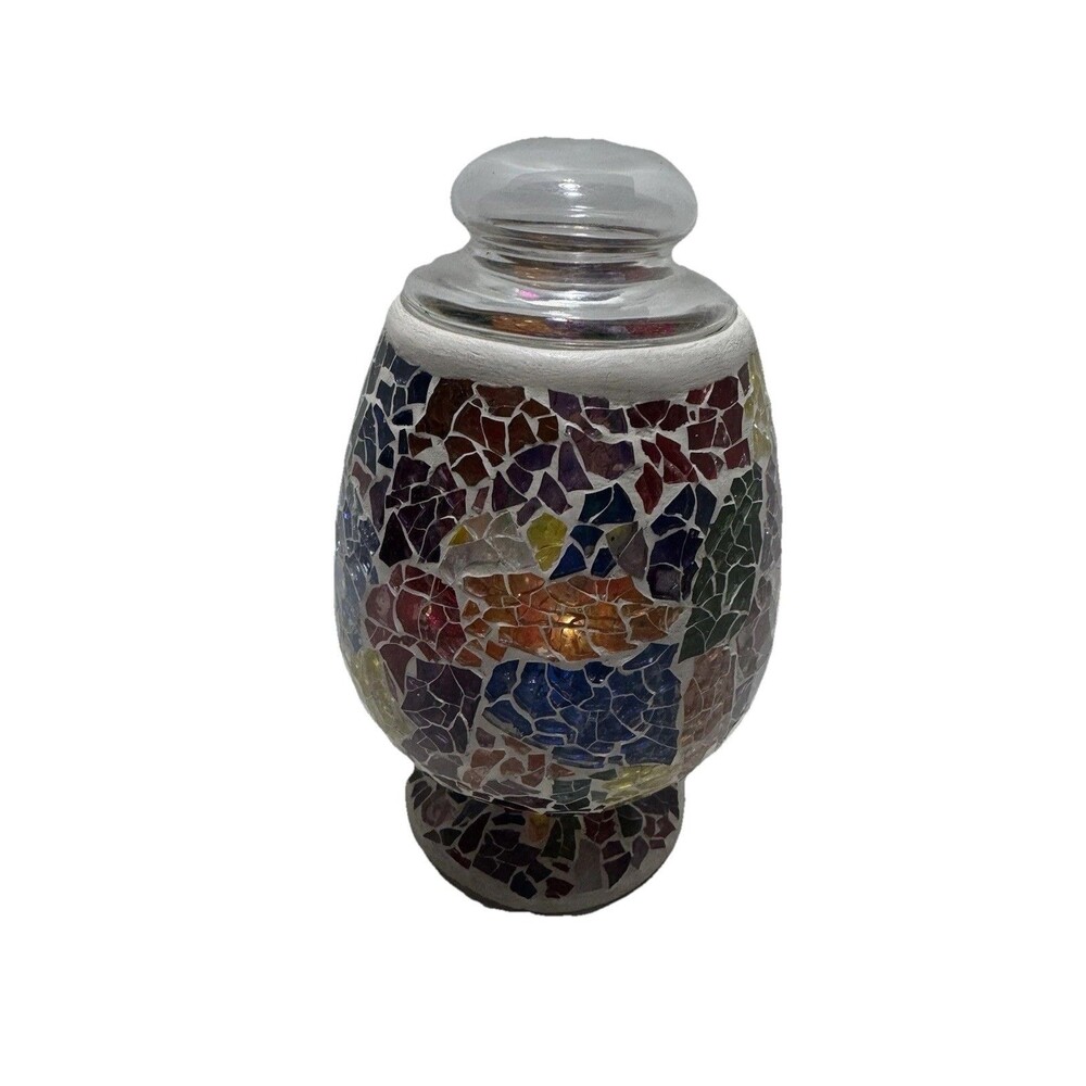Colorful Glass Mosaic Pedestal Candy Jar Dish With Lid  Or Candleholder